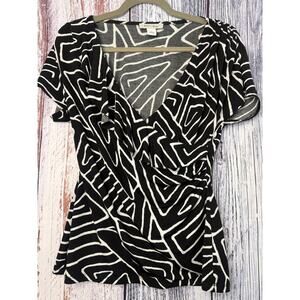 White House Black Market Black & White Printed Draped Jersey Top Size Small